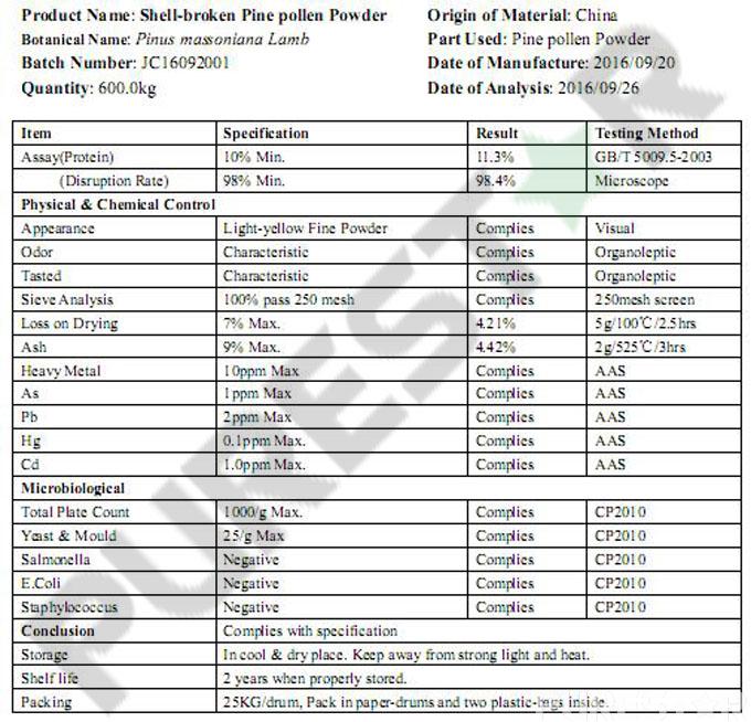 COA of Cell Wall Broken Pine Pollen Powder