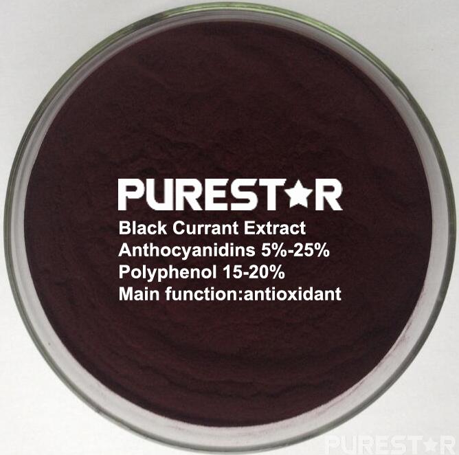 Black Currant Extract Anthocyanidin Active ingredeint:Anthocyanidins,polyphenol Latin Name:Ribes nigrum L. Apperance:Dark purple red powder Molecular formula:CH10O13 CAS No: 84082-34-8 Particle Size:NLT100%Through 80 mesh Specification:5-25% Anthocyanidins,15-20% polyphenol Test method:UV